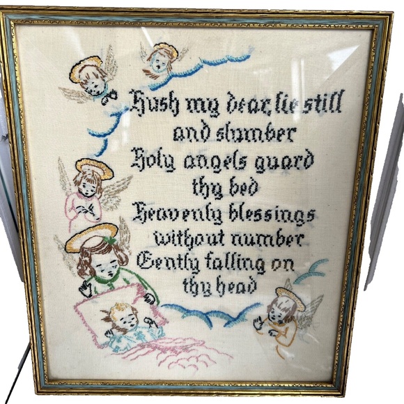 Vintage Framed Prayer Embroidered Childs Bedtime Angels Signed Dated 1940 - Picture 1 of 8